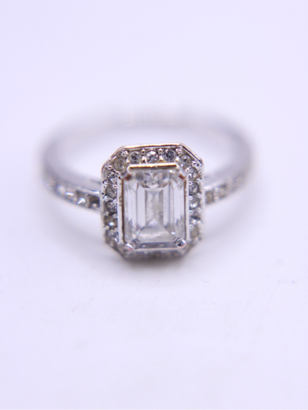 Swarovski Silver-Tone Emerald-Cut Halo Ring with Clear Stone